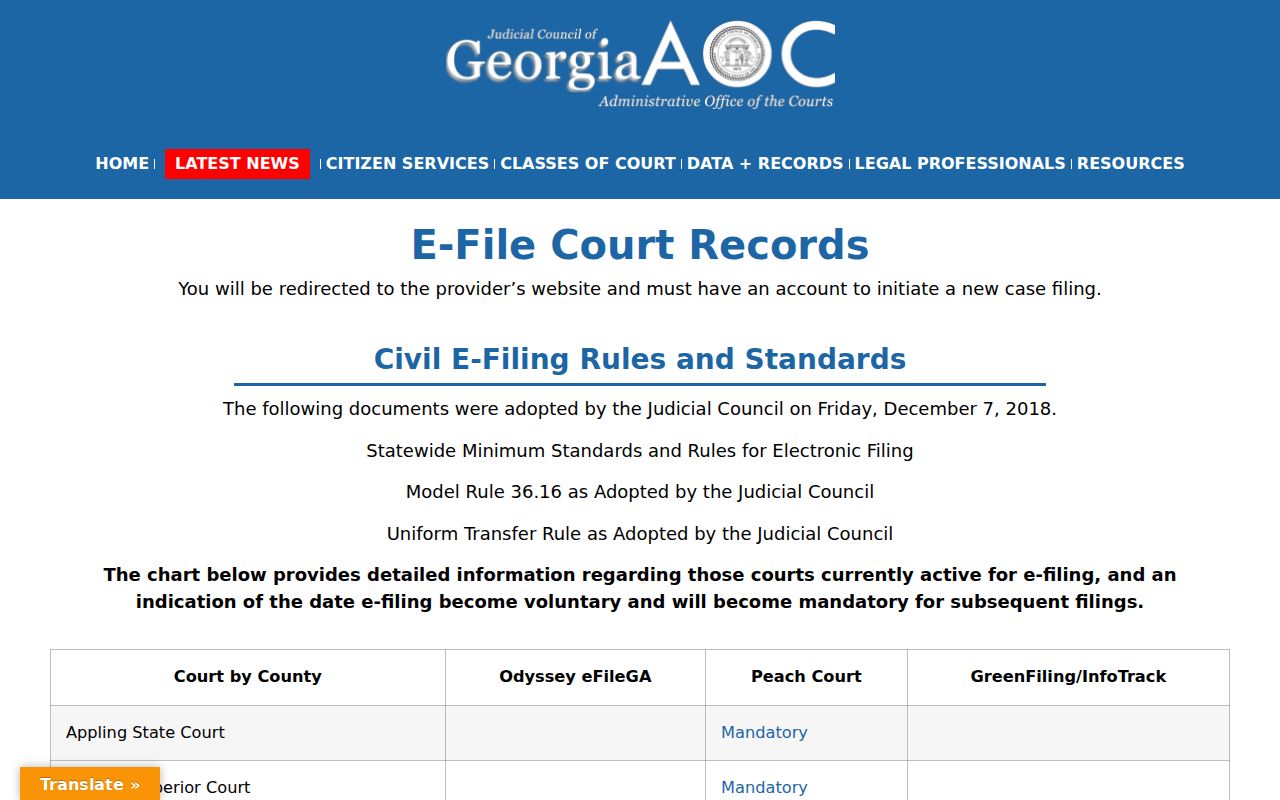 Georgia E-File listing for Candler County civil dockets