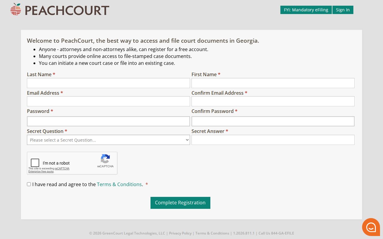 PeachCourt registration for Candler County civil docket search