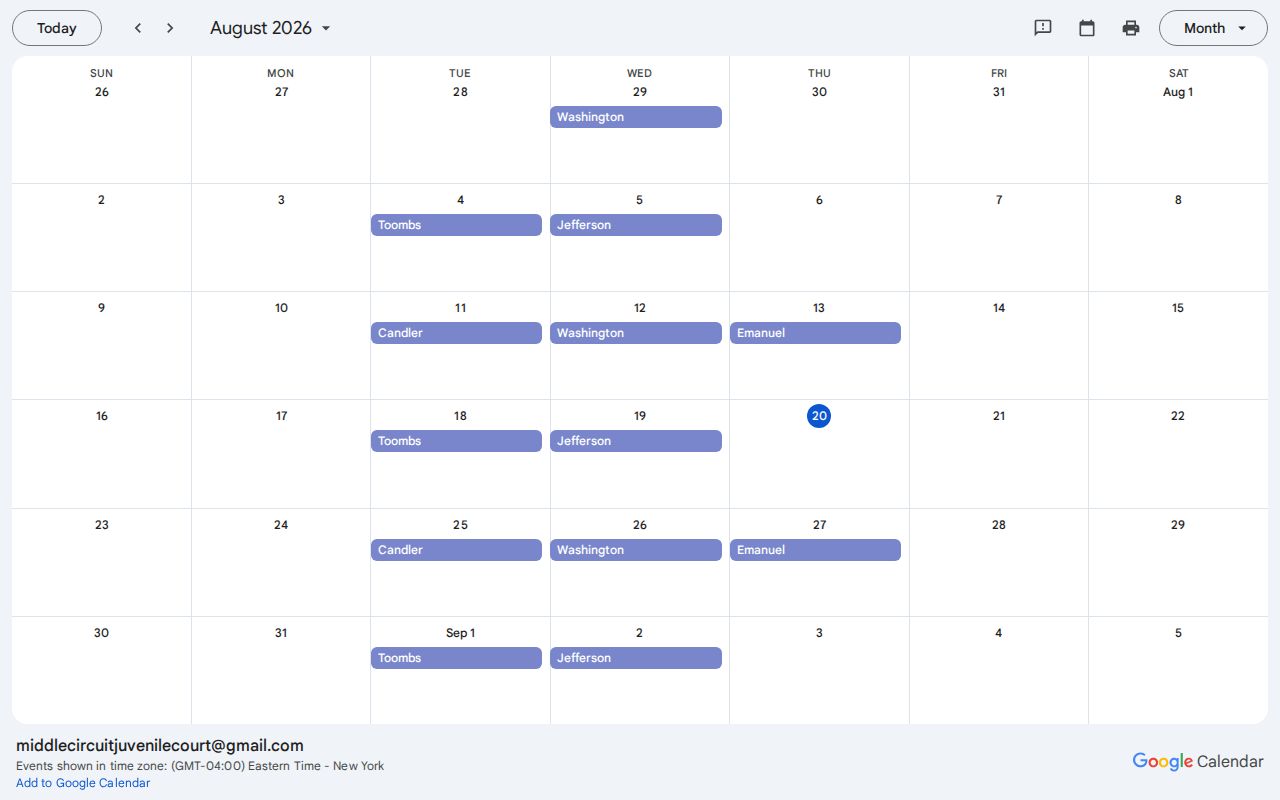 Candler County Juvenile Court dates on the Middle Circuit calendar
