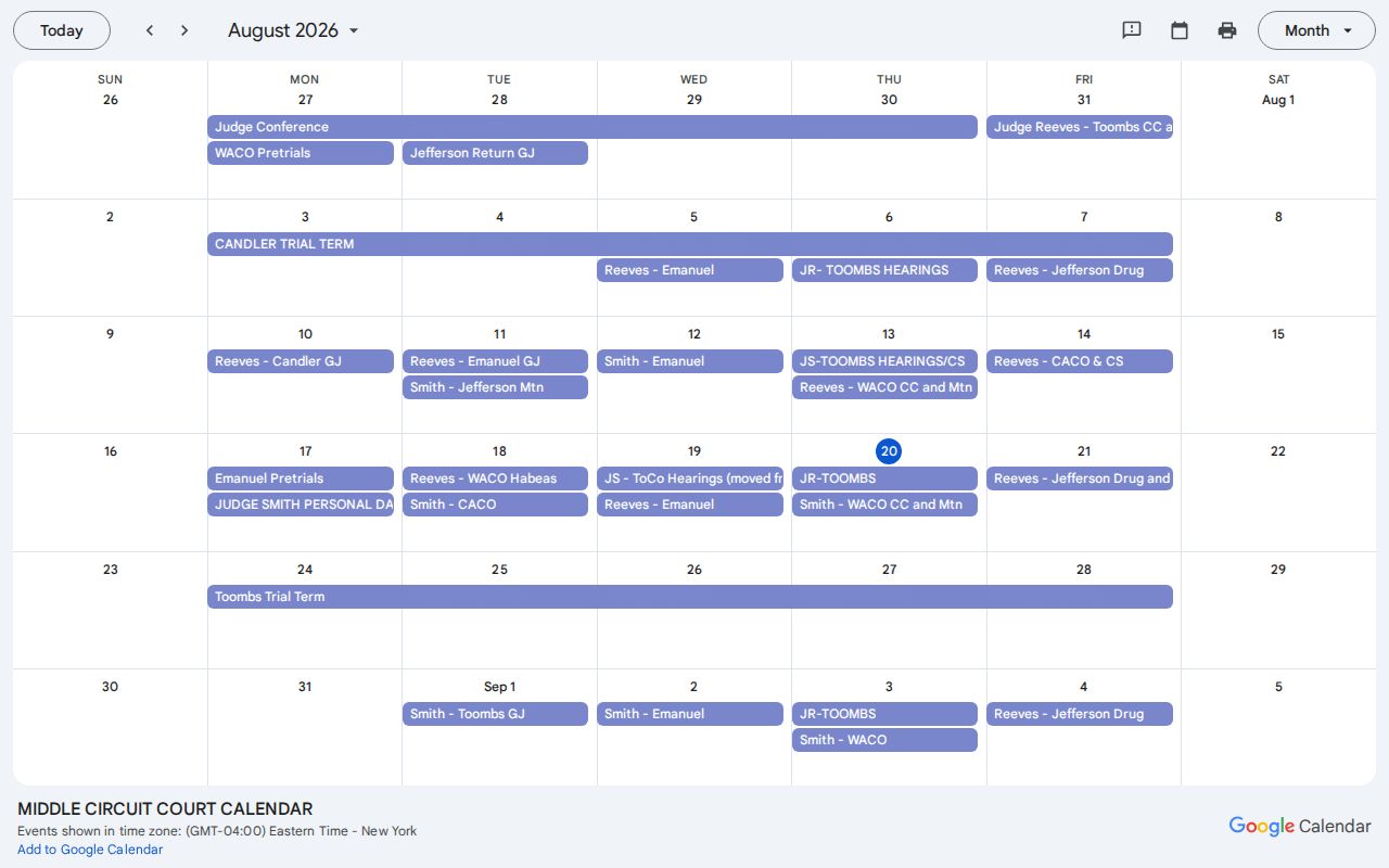 Candler County Superior Court dates in the Middle Circuit calendar